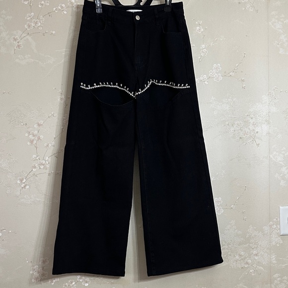 Almeda Jeans Elegant Black Wide Leg with Cut-Out Details and Gems - Picture 2 of 8